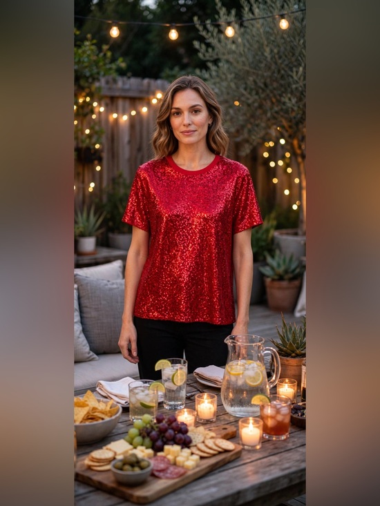 Dkny Tops - Dkny Red Sequin Short Sleeve Crew Tee - NWOT